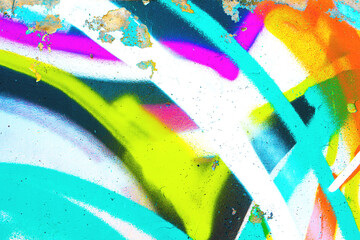 Fototapeta premium Abstract graffiti wall art with neon blue, yellow, pink spray paint. Urban 2000s, Y2K style, fluorescent glow, trippy colors. Posters, flyers, digital art, creative banner, summer visuals.