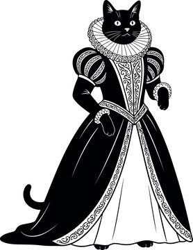 Black cat in elegant elizabethan silhouette dress with ruff and puffed sleeves