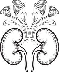 Decorative symmetrical vintage outline drawing of human kidneys with stylized floral elements