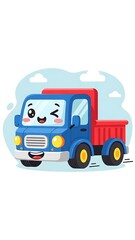 Naklejka premium Smiling cartoon truck with red dump bed.