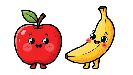 Cartoon apple and banana characters standing.