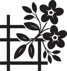 Black silhouette decorative floral elements with leaves and geometric grid vector design artistic flower accent graphic