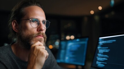A thoughtful man sits in a contemporary office at night, surrounded by glowing computer screens. He ponders his coding project, radiating determination and creativity