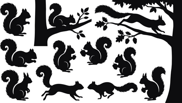 Squirrel silhouettes in dynamic poses, climbing trees, holding acorns, forest wildlife vector, black animal shapes, nature illustration