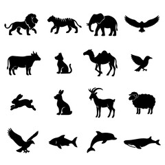 Obraz premium set of animals silhouettes, Black animal silhouettes and icons set, wild and domestic animals vector collection isolated on white background