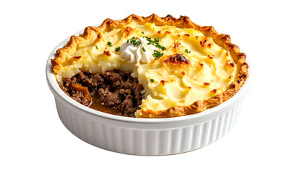 A savory pie in a white dish, a mashed potato topping and a meat filling