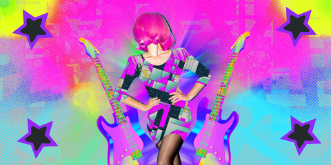 Retro-futuristic techno collage: Fashionable woman in a surreal acid-colored party world.