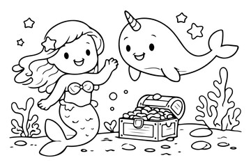Cute Mermaid and Narwhal Underwater with Treasure Chest and Stars, Black and White Line Art © Aldo