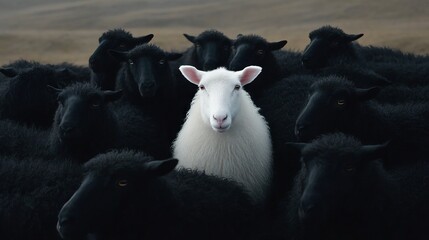 A charming scene captures a white sheep uniquely standing in a sea of black sheep, showcasing its bright wool against dark fur. This peaceful rural setting invites contemplation