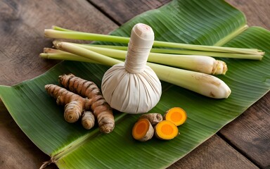 Natural spa massage herbal compress with turmeric and lemongrass on banana leaf