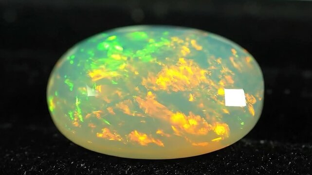 Close-up of a Natural Opal Gemstone Showing Internal Neon Green and Orange Fire.
