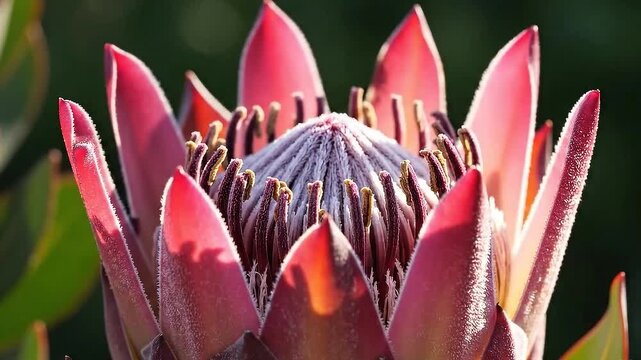 Detailed Macro Shot of a Blooming Protea Flower with Velvet Textures and Complex Petals.