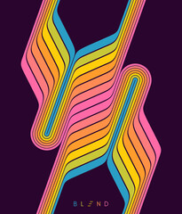 Two elements from a set of colored lines are directed towards each other. Space for text. Retro style. Dynamic ribbons. Color gradient. Vector for brochure, poster, cover, presentation, flyer, banner.