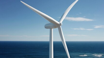 A large wind turbine spins gracefully near the ocean, converting the power of clean sea breezes into renewable energy. The clear sky enhances its majestic presence along the scenic coast