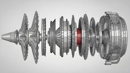 An exploded, cross-sectional view of the internal components of a jet aircraft engine, including the fan, compressor stages, combustion chamber (highlighted in red), and turbine stages.