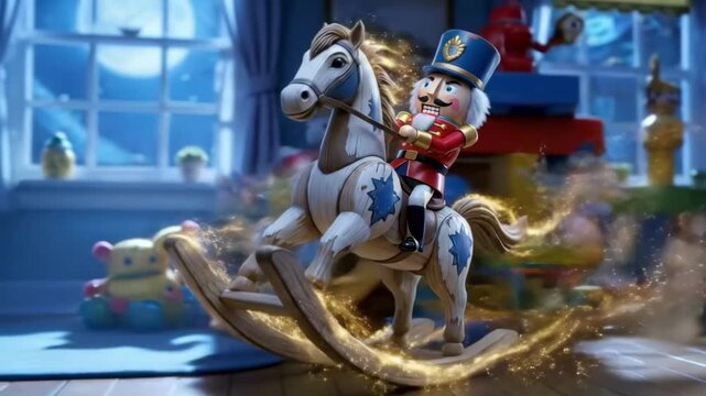 Nutcracker soldier riding a glowing rocking horse in a magical child's room at night for Christmas fantasy concept and holiday dreams