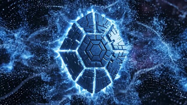 A glowing blue oval object with a geometric pattern, surrounded by a network of glowing blue lines and dots against a dark background