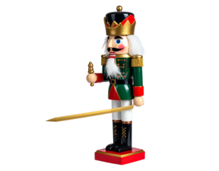 A soldier-like wooden figurine with a sword and crown, against a solid black background