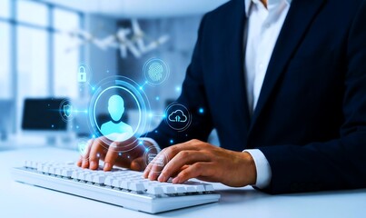 Businessman Typing on Keyboard with User Authentication Icons for Cyber Security Banner