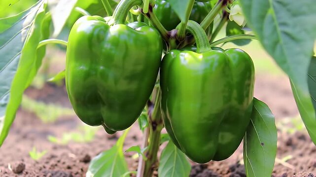 Two Green Bell Peppers Growing On Stalk In Outdoor Vegetable Garden