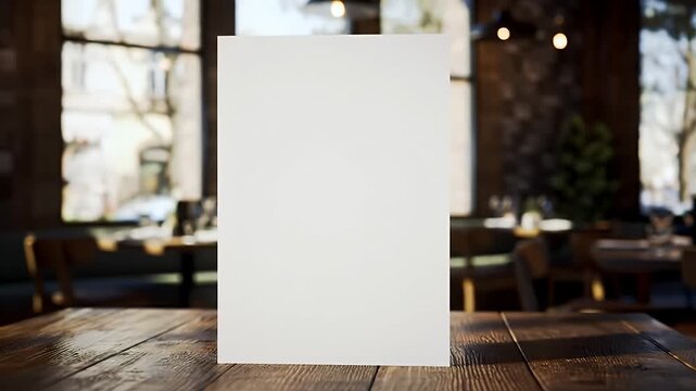 White Menu Card on a Wooden Table in a Warmly Lit Restaurant
