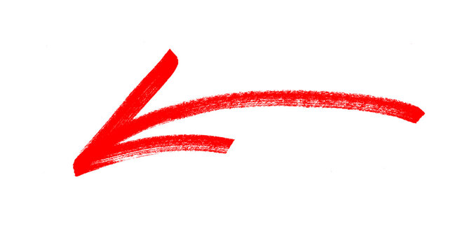 Hand-drawn red arrow icon brush stroke, arrow sign drawn with marker on transparent background
