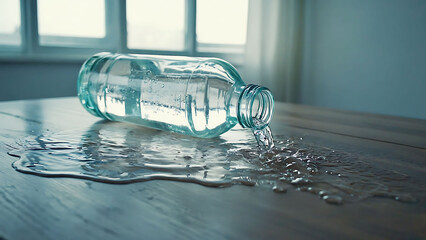Water spilling from a plastic bottle with droplets and puddle on the table