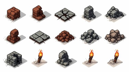 A detailed collection of isometric pixel art game assets featuring various brown block, rock, and stone elements with flaming torches, perfect for diverse digital game design.