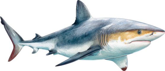 Shark swimming in the ocean with sharp teeth and fins isolated on transparent background