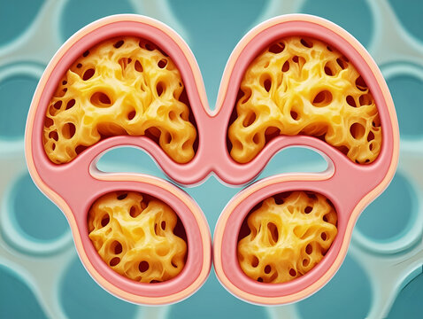 Nasal polyps Abstract representation of porous yellow structures within pink membranes