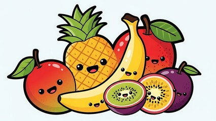 Cartoon fruits with smiling faces together.