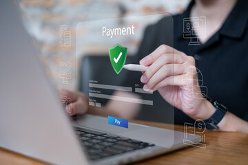 Person using laptop for credit card online payment pay purchase buying finance banking transaction confirmation shopping e-business application electronic, digital fintech security innovation concept