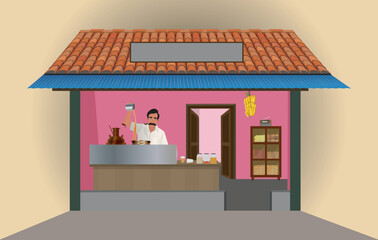 Kerala traditional tea shop illustration vector.  A traditional Indian street Chai Wallah Vector.