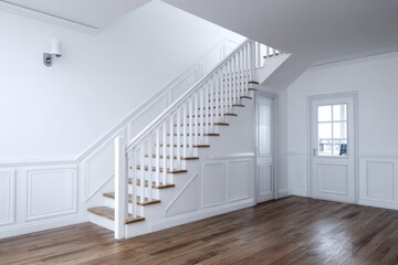 White staircase with wainscoting and hardwood floor leads to a glass door.