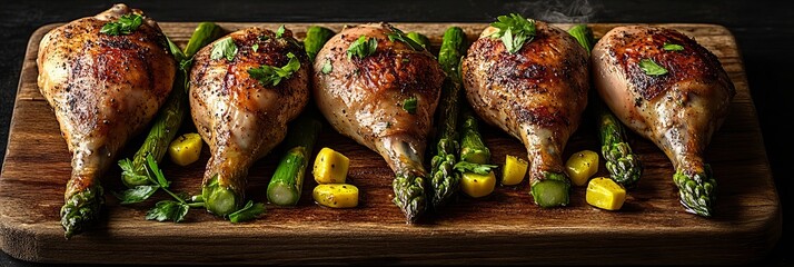 Grilled chicken drumsticks with asparagus and corn on wooden board