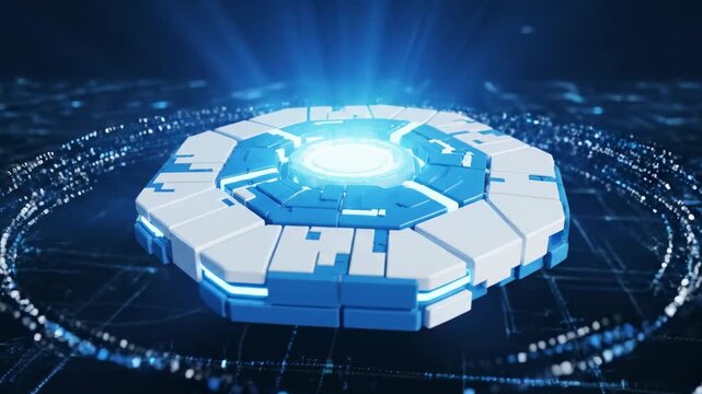 A futuristic octagonal object with a glowing blue center on a grid surface