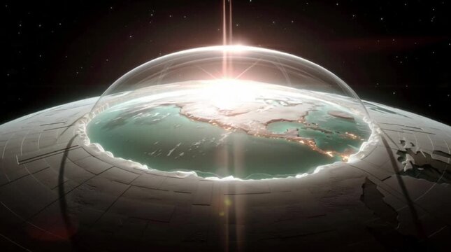 A conceptual image depicting a flat Earth model enclosed by a transparent dome or firmament, with a bright light source illuminating the surface.