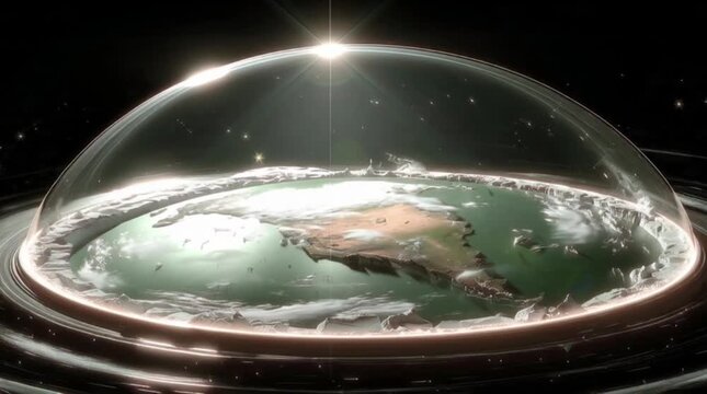 A detailed depiction of the Flat Earth model enclosed under a transparent dome with a sun-like light source above.