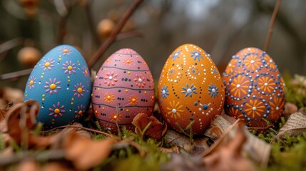Four hand-painted Easter eggs rest in a bed of autumn leaves and moss