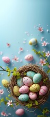 Bird's nest filled with pastel colored Easter eggs sits amongst delicate spring blossoms on a light blue background.