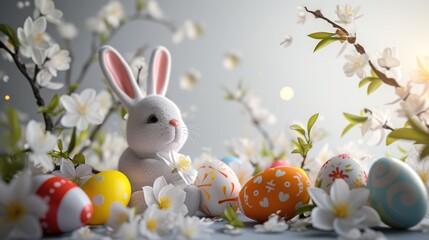 Fluffy white Easter bunny sits amidst colorful decorated eggs and delicate white blossoms