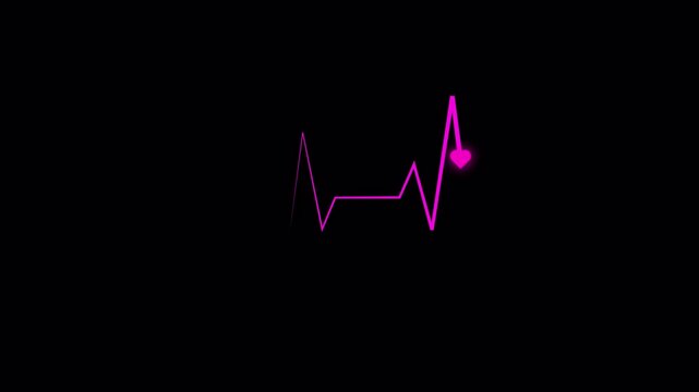 Pink neon ECG waveform with glowing heart endpoint on transparent background, designed for medical, healthcare, and romantic health visuals. Clean modern style in 4K alpha channel.