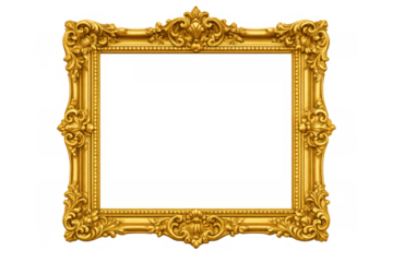 Ornate gold antique picture frame with rococo scrollwork on a transparent background, depicting luxury and vintage elegance