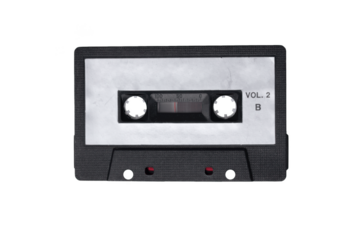 Silver Label Cassette Tape PNG – Retro Black Audio Cassette with Volume Text, Classic 80s 90s Mixtape Design, Front View Vintage Music Tape, Isolated High Resolution PNG on White Background

