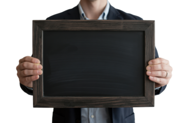 Man holds blank chalkboard sign
