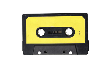 Obraz premium Retro Yellow Cassette Tape PNG – Vintage Analog Audio Music Cassette, Old School 80s 90s Mixtape, Front View Black and Yellow Plastic Tape, High Resolution Isolated PNG on White Background