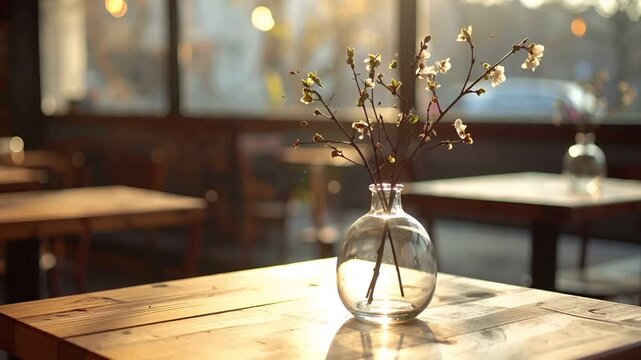 小さなガラス花瓶に早春の枝を挿し、ドイツ風カフェの木製テーブルに置かれた無人の静かな情景。