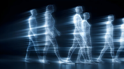visualization using flowing data waves, abstract human forms, and clean modern design