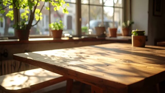 初春の新緑による木陰がドイツ風カフェの木製テーブルにやわらかく揺れ、無人の静けさが漂う。