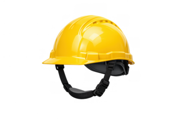 Yellow hard hat with chin strap providing head protection for safety at construction sites, industrial workplaces, and engineering projects